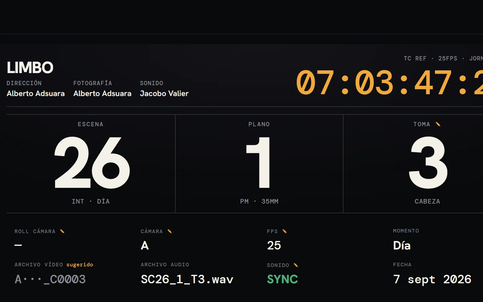 La cara de la claqueta digital: escena, plano, toma y timecode