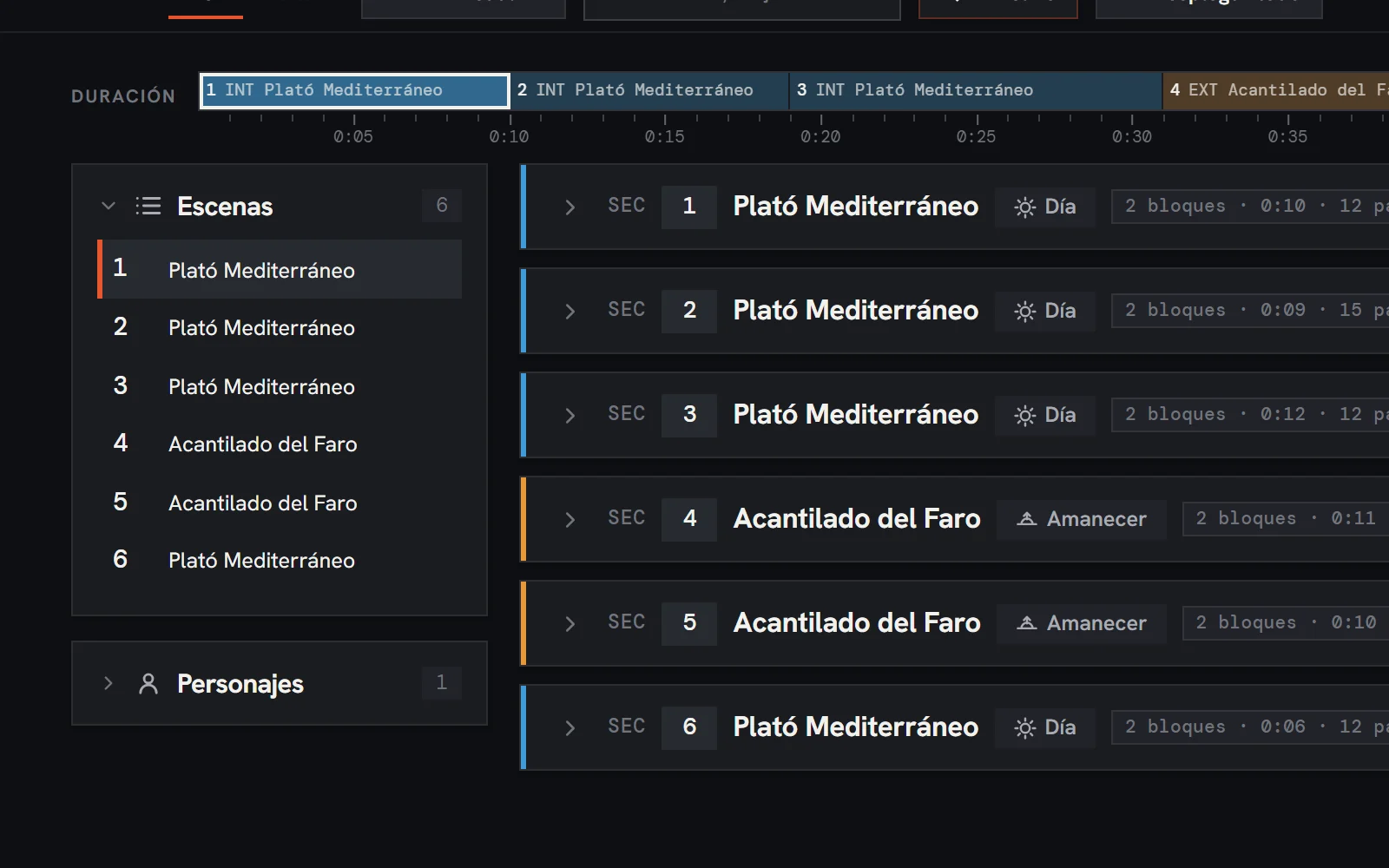 Guion audiovisual a dos columnas: vídeo y audio por secuencia