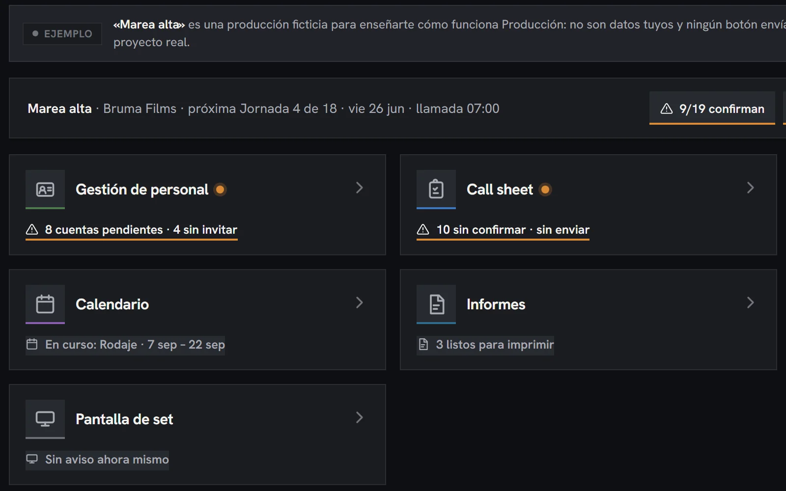 El hub de Producción: personal, call sheet, catering, calendario, informes y tareas