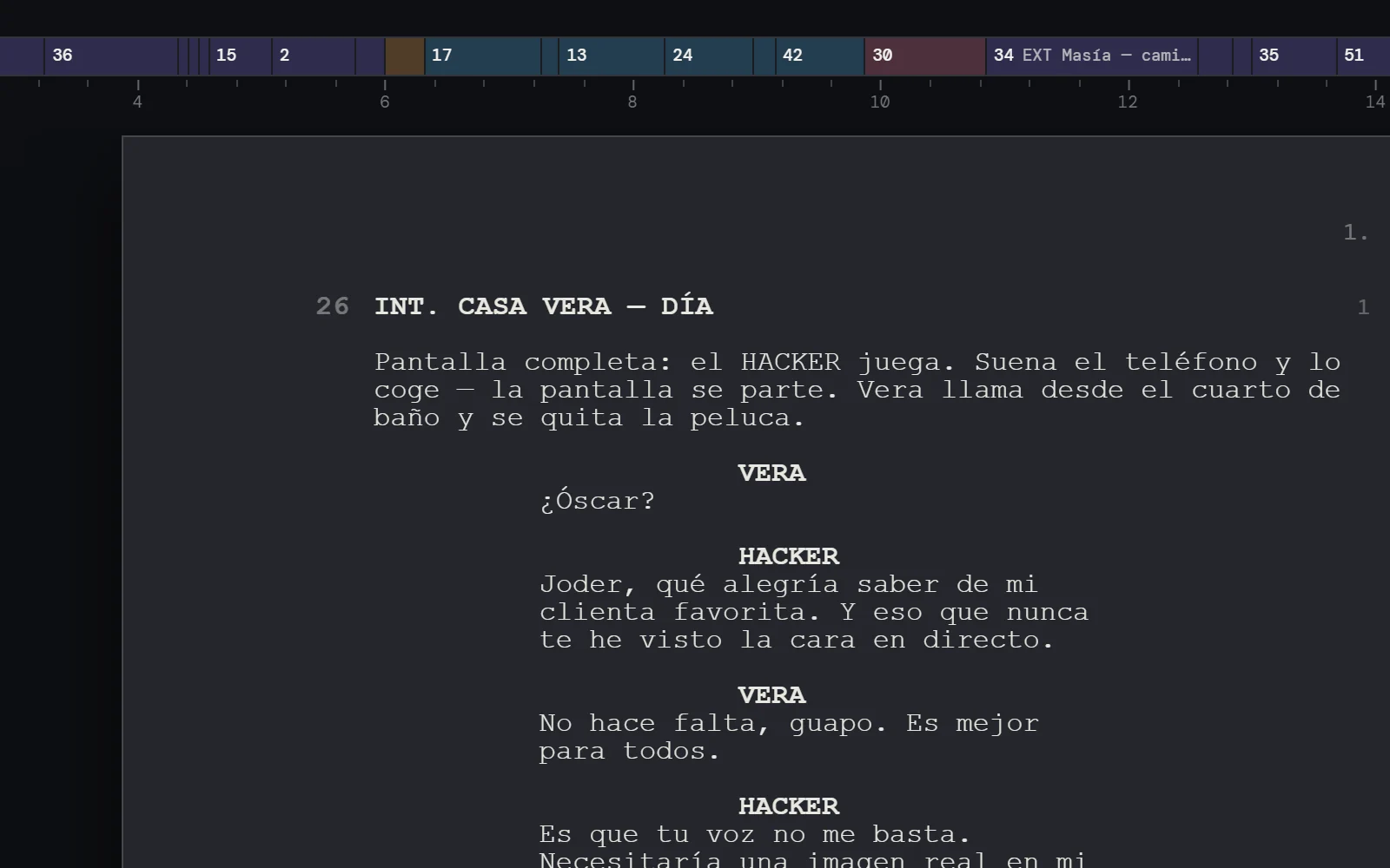 La pestaña Guion de Sceno: el folio de una escena con sus diálogos y la lista de escenas al lado